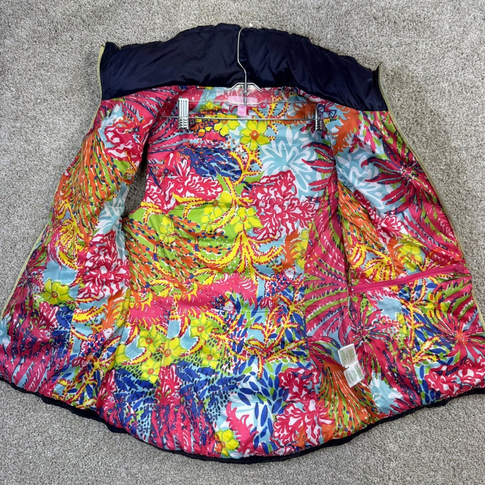 Lilly Pulitzer Womens XS Navy Blue Down Puffer Vest Gold Zip Floral Lining - Picture 5 of 11